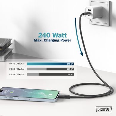 Digitus Кабель USB-C зарядки/синхронизации, 2м, USB 4.0 Gen2, 20G, 240W, 8K, силиконовый, черный AK-300344-020-S фото