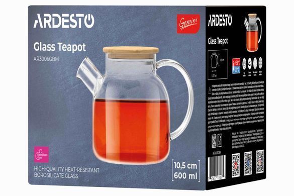 ARDESTO Заварник Gemini 600мл, боросилікатне скло, бамбук, прозорий