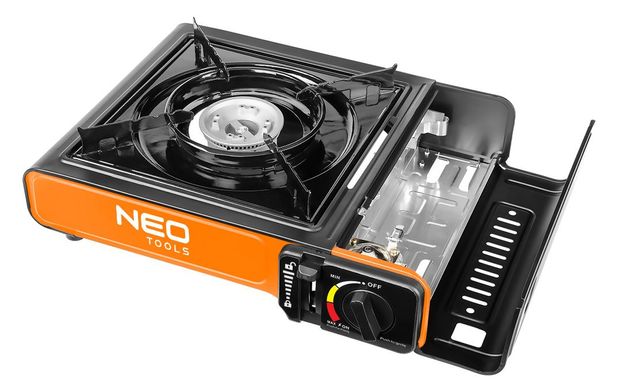 Neo Tools Плитка газова портативна, 2.1кВт, під газові балони-картриджі, п'єзозапалювання, 150г/год, кейс, 1.27кг 20-050 фото