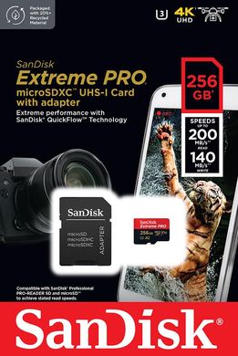 Карта пам'яті SanDisk microSD 256GB C10 UHS-I U3 R200/W140MB/s Extreme Pro V30 + SD SDSQXCD-256G-GN6MA фото