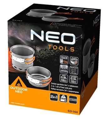 Набір посуду туристичний Neo Tools, 2в1, набір каструль із радіатором, сертифікат LFGB, чохол, 0.268кг 63-144 фото