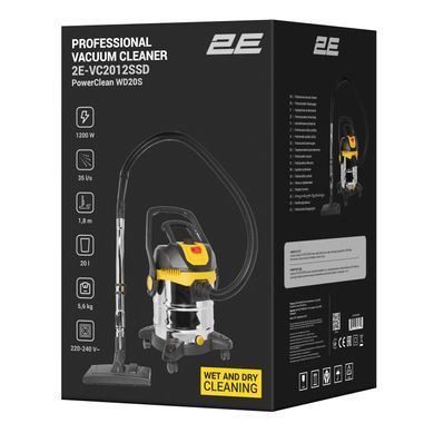 2E Пилосос професійний 2E PowerClean 20S 1200Вт 17кПа контейнер 20л розетка 220В/2000В вологе/сухе прибирання функція повітродувки IPX4 5.6кг 2E-VC2012SSD фото