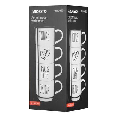 ARDESTO Set of mugs with stand, 4pcs, 320ml, ceramic, metal, white AR3095S фото
