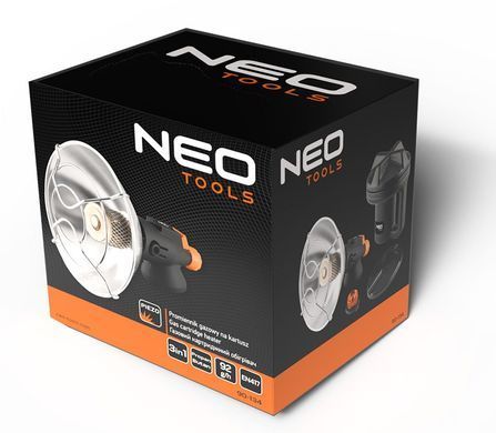Neo Tools Обігрівач газовий туристичний, 92г/год, картриджний, регулятор, п'єзопідпал, чорний 90-134 фото