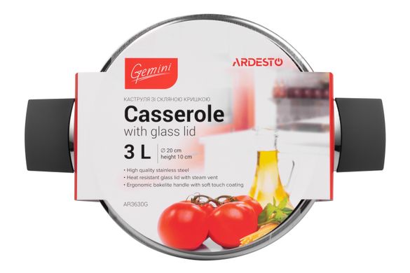 Каструля Ardesto Gemini Trento, скляна кришка, 3 л, нержавіюча сталь AR3630G фото