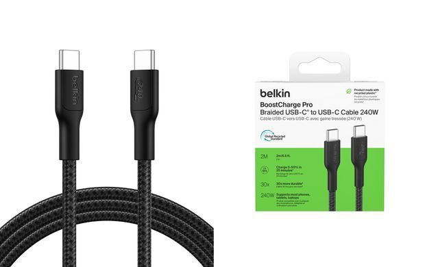 Belkin Кабель USB-C > USB-C зарядки/синхронизации 2м, 240Вт, Type-C, витой, черный CAB025HQ2MBK фото