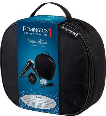 Remington Фен STYLE EDITION, 2200Вт, 3 режими, іоніз-я, хол. обдув, дифузор, гребінець, резинка, кейс, чорно-сірий D3171GP фото