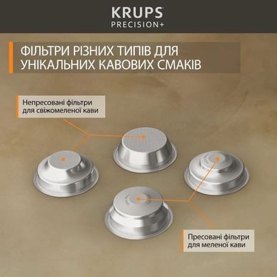 Krups Кавоварка ріжкова Precision+, 3.5л, вдубована кавомолка, ручний капучинатор, 15 бар, чорний-сірий XP804T10 фото