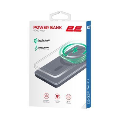 2E Акумулятор портативний літій-іонний Power Bank 2E Slim Wireless QI 5000мА&middot;год, 20Вт, PD, сірий 2E-PB0515-GREY фото