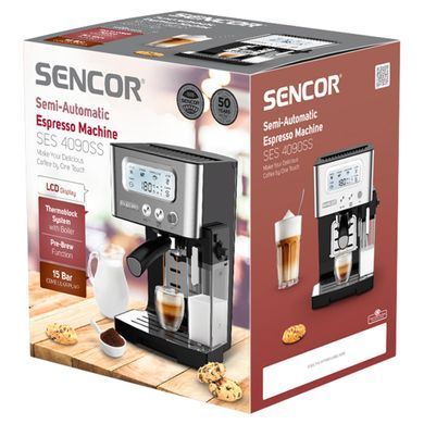 Sencor Кофеварка рожковая 1.4л, молотый, автоматический капучинатор, LCD-дисплей, нерж. сталь-черный SES4090SS фото