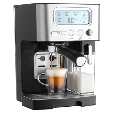 Sencor Кофеварка рожковая 1.4л, молотый, автоматический капучинатор, LCD-дисплей, нерж. сталь-черный SES4090SS фото