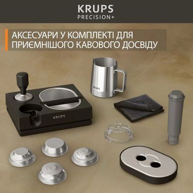 Krups Кавоварка ріжкова Precision+, 3.5л, вдубована кавомолка, ручний капучинатор, 15 бар, чорний-сірий XP804T10 фото