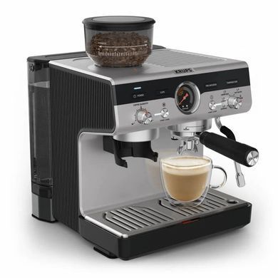 Krups Кавоварка ріжкова Precision+, 3.5л, вдубована кавомолка, ручний капучинатор, 15 бар, чорний-сірий XP804T10 фото