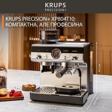 Krups Кавоварка ріжкова Precision+, 3.5л, вдубована кавомолка, ручний капучинатор, 15 бар, чорний-сірий XP804T10 фото