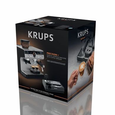 Krups Кавоварка ріжкова Precision+, 3.5л, вдубована кавомолка, ручний капучинатор, 15 бар, чорний-сірий XP804T10 фото