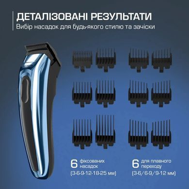 Rowenta Машинка для стрижки Barber Experience, сеть+акум., роторный мотор DC, насадок-12, кейс, нерж. сталь, синий TN1551E0 фото