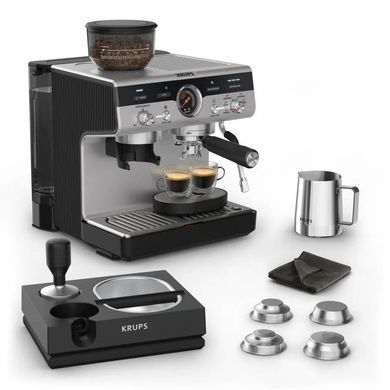 Krups Кавоварка ріжкова Precision+, 3.5л, вдубована кавомолка, ручний капучинатор, 15 бар, чорний-сірий XP804T10 фото
