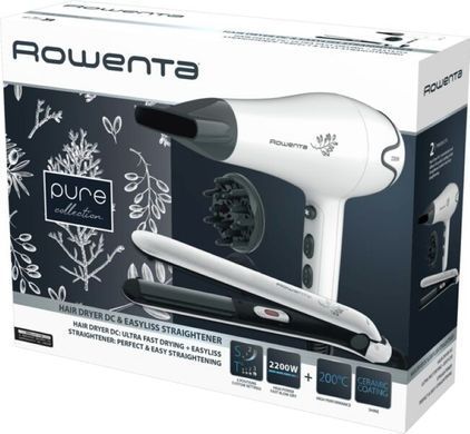 Rowenta Фен+випрямляч набір Pure Collection, 2200Вт, 2 режими, дифузор, щипці для волосся(200&deg;С, кераміка), біло-чорний YD3057F0 фото