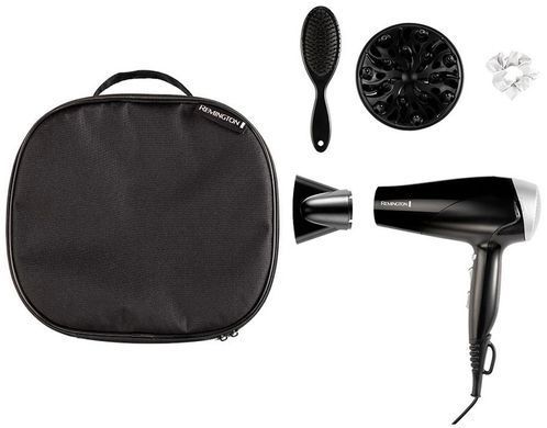 Remington Фен STYLE EDITION, 2200Вт, 3 режими, іоніз-я, хол. обдув, дифузор, гребінець, резинка, кейс, чорно-сірий D3171GP фото