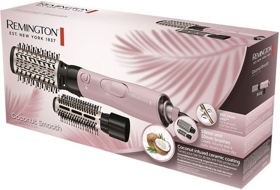 Remington Фен-щетка Coconut Smooth, 1000Вт, режимов-2, ионизиция, хол. обдув, 2 насадки, черно-розовый AS5901 фото