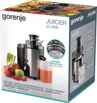 Gorenje Соковитискач відцентрований 400Вт, чаша-0.6л, жмих-1.6л, жолоб на ціле яблуко, пластик/метал, чорний JC400BE фото