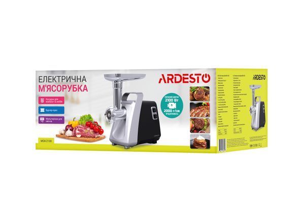 ARDESTO М'ясорубка, 2100Вт, 2кг/хв, 3 решітки, насадка для ковбас, кеббе, томатів, 3 терки, бургер-прес, пластик, чорно-срібний MGK-2100 фото