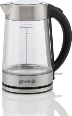 Gorenje Електрочайник 1.7л, 2,200 Вт, strix контроль, скло, нерж K17GDWII фото