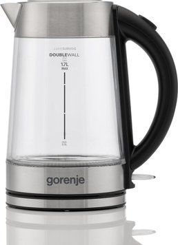 Gorenje Електрочайник 1.7л, 2,200 Вт, strix контроль, скло, нерж K17GDWII фото
