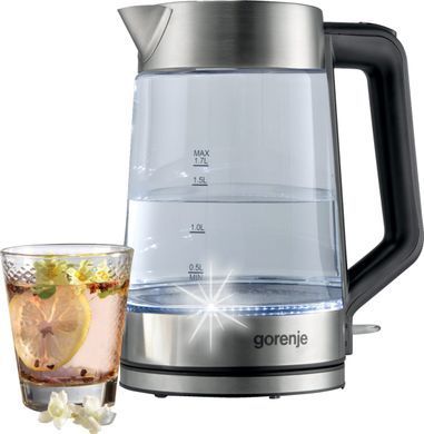 Gorenje Електрочайник 1.7л, 2,200 Вт, strix контроль, скло, білий K17GED фото