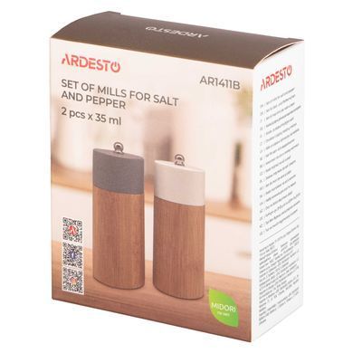 ARDESTO Набір млинків для солі та перцю Midori, 2 предмети, 35мл, бамбук, нержавіюча сталь, пластик, сірий, білий