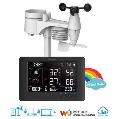 Sencor Метеостанція Sencor, внутр/зовн вимірювання, від мережі/CR2032x1+AAx3, темп-ра, вологість, час, прогноз погоди, атмосферний тиск, шв. вітру, підкл. до WIFI, чорний SWS10500WIFI фото