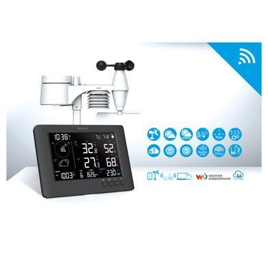 Sencor Метеостанція Sencor, внутр/зовн вимірювання, від мережі/CR2032x1+AAx3, темп-ра, вологість, час, прогноз погоди, атмосферний тиск, шв. вітру, підкл. до WIFI, чорний SWS10500WIFI фото