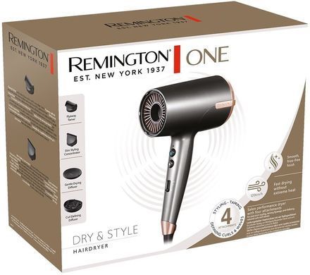 Remington Фен ONE, 2000Вт, 8 режимів, дифузор,чохол,іоніз-я, хол. обдув, термо-сенсор, сірий D6077 фото
