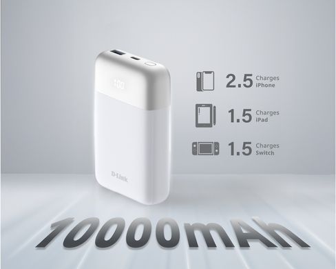 D-Link Акумулятор портативний літій-іонний Power Bank 10000мА*год 18Вт 1xUSB-A, 1xUSB-C, білий DPP-101 фото