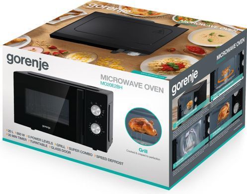 Gorenje Мікрохвильова піч, 20л, мех. управл., 800Вт, гриль, чорний MO20E2BH фото
