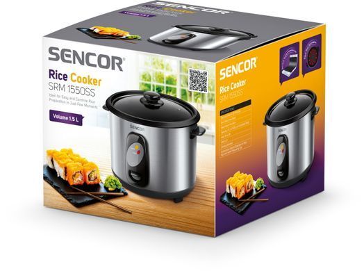 Рисоварка Sencor, 500Вт, чаша-1,5л, електр. керування , знімна кришка, нерж. сталь, сірий SRM1550SS фото