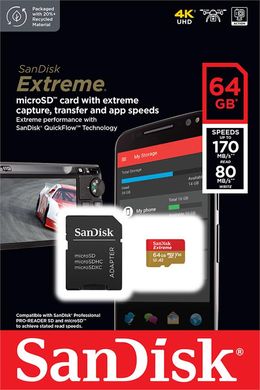 Карта пам'яті SanDisk microSD 64GB C10 UHS-I U3 R170/W80MB/s Extreme V30 + SD SDSQXAH-064G-GN6MA фото