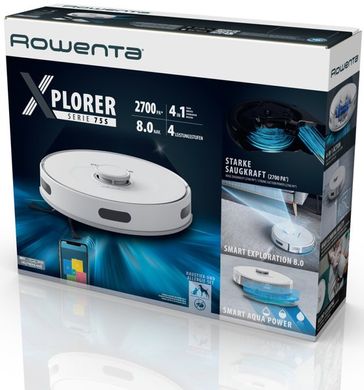 Робот-пилосос ROWENTA X-PLORER Serie 75 S, h=9,5см, вологе прибирання, конт пил -0,4л, вода -0,3л, автон. робота до 120хв, НЕРА, управлв.через смартфон, білий RR8577WH фото
