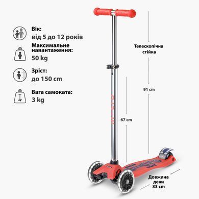 Самокат MICRO серии "Maxi Deluxe Glow LED" - КРАСНАЯ АУРА (до 50 kg, 3-х колесный, свет) MMD368 фото