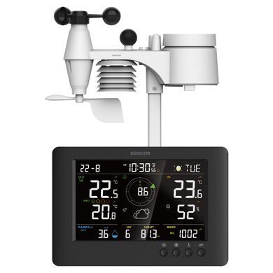Sencor Метеостанція Sencor, внутр/зовн вимірювання, від мережі/CR2032x1+AAx3, темп-ра, вологість, час, прогноз погоди, атмосферний тиск, шв. вітру, чорний SWS9500 фото