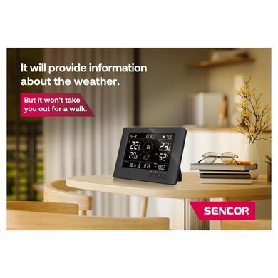 Sencor Метеостанція Sencor, внутр/зовн вимірювання, від мережі/CR2032x1+AAx3, темп-ра, вологість, час, прогноз погоди, атмосферний тиск, шв. вітру, чорний SWS9500 фото