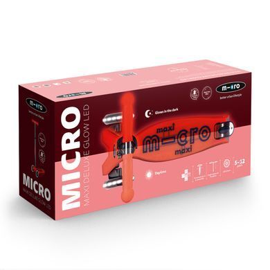 Самокат MICRO серии "Maxi Deluxe Glow LED" - КРАСНАЯ АУРА (до 50 kg, 3-х колесный, свет) MMD368 фото