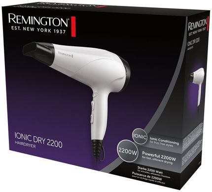 Remington Фен Ionic Dry, 2200Вт, 3 режими,турмалинова іоніз-я, хол. обдув, білий D3194 фото