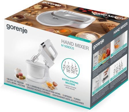 Gorenje Міксер стаціонарний 500Вт, насадки-4, чаша-пластик, 3л, білий M500DCS фото