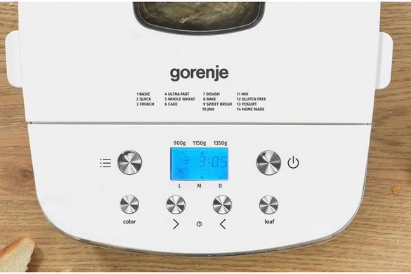 Gorenje Хлебопечка 750Вт, программ-14, макс.вес -1.350кг, форма прямоугольник, пластик, белый BM1350W фото