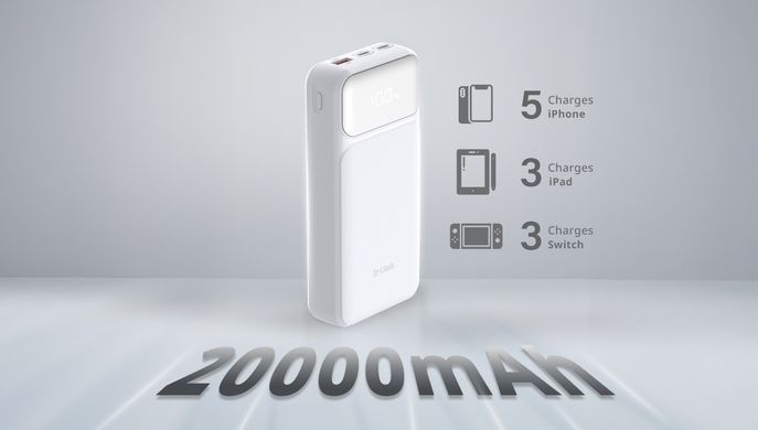 D-Link Аккумулятор портативний литій-ионний Power Bank 20000мАч, 65Вт PD 3.0, QC 3.0, 2xUSB-C, 1xUSB-A з дисплеем, белий DPP-201 фото