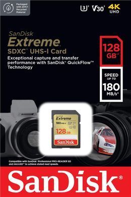 SanDisk Карта памяти SD 128GB C10 UHS-I U3 R180/W90MB/s Extreme V30 SDSDXVA-128G-GNCIN фото