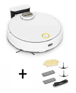 Karcher Робот-пылосос RCV 3, 400Вт, h=9.4см, владная уборка, конт пыль -0.5л, вода -0.17л, автон. раб. до 120мин, вес-3.7кг, НЕРА,+ набор акс., белый 9.612-569.0 фото