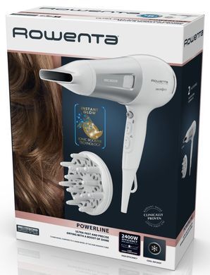 Rowenta Фен, 2400Вт POWERLINE , 3 режими, дифузор, іоніз-я, хол. обдув, біло-сірий CV5930F0 фото