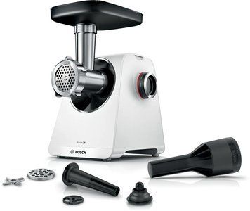 Bosch Мясорубка, 2100Вт, 3.5кг/мин, 2 решетки, насадка для колбас, кеббе, пластик, белый MFWS607W фото